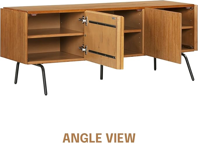 NTC Veil TV Stand with 3 Doors for TVs up to 60’’, Media Console with Vertical Groove Design and Metal Legs, Modern Entertainment Center for Living Room and Bedroom, Effortless Assembly, Teak Look