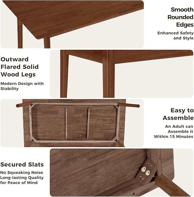 DELAVIN 59" Large Solid Wood Dining Table for 4-6 People, Mid Century Modern Oak Dining Room Table, Farmhouse Rectangular Kitchen Table for Dining Room, Living Room, Easy Assembly, Walnut