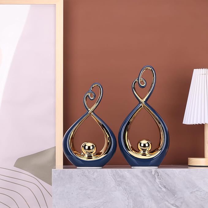 Blue Decor Accent, Porcelain Art Mid Century Modern Blue and Gold Decorations, Dining Table Objects, Abstract Ceramic Statue Sculpture - for Bookshelf Tv Stand Centerpiece Centro De Mesa