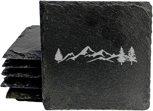 Mountain Majesty Slate Coasters with Stunning Mountain Scene Design - Perfect for Home and Office Decor and Protection of Surfaces, Available in Square or Round Coasters - Square Slate - Set of 4