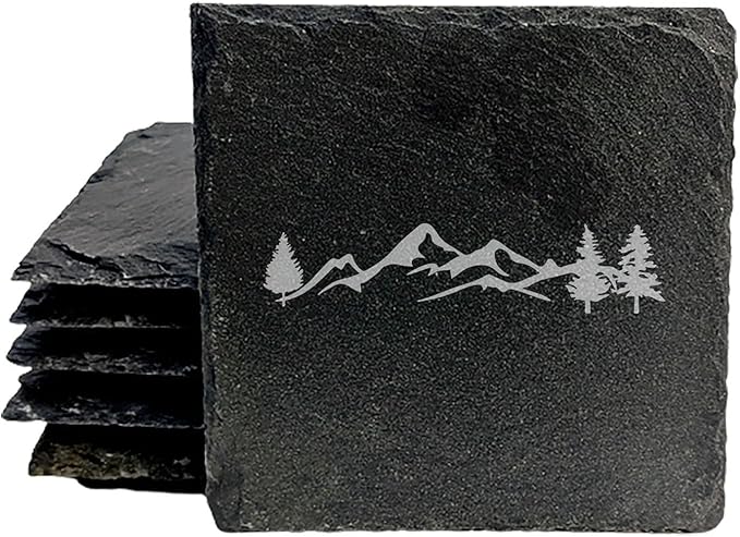 Mountain Majesty Slate Coasters with Stunning Mountain Scene Design - Perfect for Home and Office Decor and Protection of Surfaces, Available in Square or Round Coasters - Square Slate - Set of 6