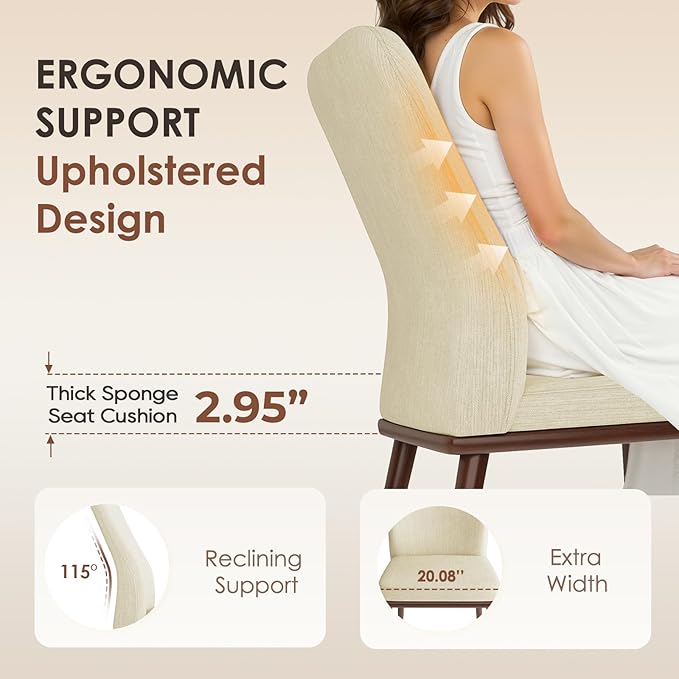 Modern Dining Chairs Set of 4, Upholstered Kitchen Chairs with High Back, Padded Fabric Dining Room Chair with Solid Wood Legs for Restaurant/Cafe/Home, Beige