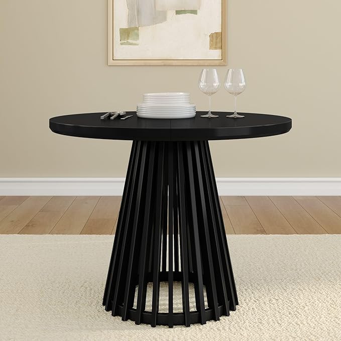 Plank+Beam Lido Round Dining Table, 38", Wooden, Pedestal, Minimalist Kitchen Table for 4 for Dining Room, Black