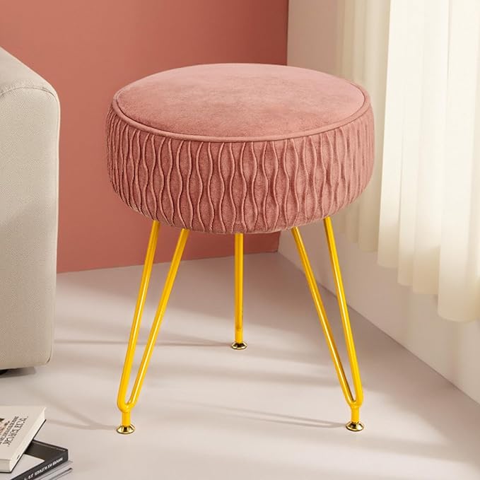 Velvet Vanity Stool Footrests, Round Ottoman Vanity Chairs with Anti-Slip Feet, Dressing Table Seat Foot Stool with Black Legs, Furry Padded Seat Side Table for Makeup Bedroom(Pink, Golden)