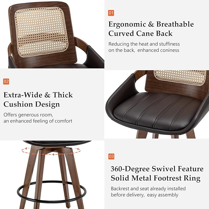 Mid Century Modern Counter Stools - 26.4 inch Swivel Rattan bar stools with Cane Back, Upholstered Faux Leather, Walnut Craftsmanship (Walnut Brown, Set of 1)