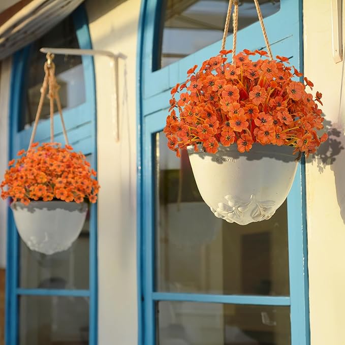 Outdoor Artificial Flowers 21 UV Resistant Bundles Fake Flower Plastic Plants Faux Silk Flowers Porch Hanging Garden Porch Window Box Decorating (Deep Autumn Orange)