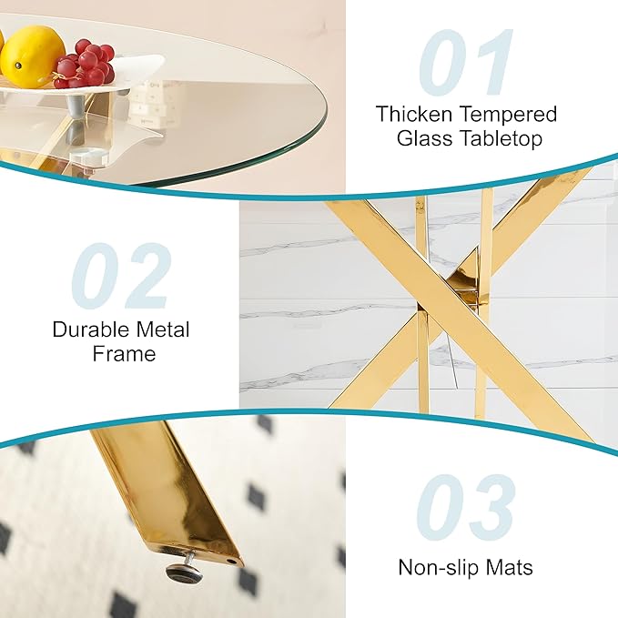 Dining Table for 4 Modern Round Dining Table 35.43" Kitchen & Dining Room Tables with Metal Legs and Glass Tabletop for Dining Room and Apartment, Gold