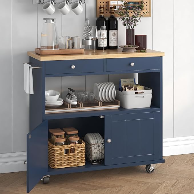 Rolling Kitchen Island with Storage Cabinet, 35.4'' Width Kitchen Cart, 2 Drawers Island Table, Portable Mobile Kitchen Island with Towel Rack, Wood Top and Lockable Wheels, Blue
