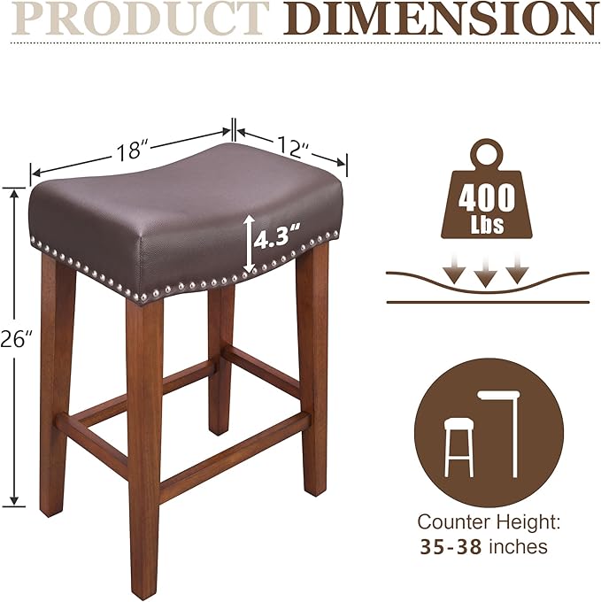 PrimeZone Counter Height Bar Stools Set of 4 - Backless Saddle Barstools with 4.3" Thick Upholstered, Nailhead Trim Faux Leather & Solid Wood Legs, 26 Inch Counter Stools for Kitchen Island, Brown