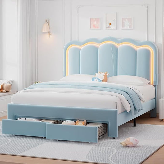 Queen Upholstered LED Bed Frame with 2 Storage Drawers and Adjustable Chic Double Wavy Headboard, Velvet Princess Platform Bed with Charing Station, Solid Wood Slats Support,No Box Spring Needed,Blue