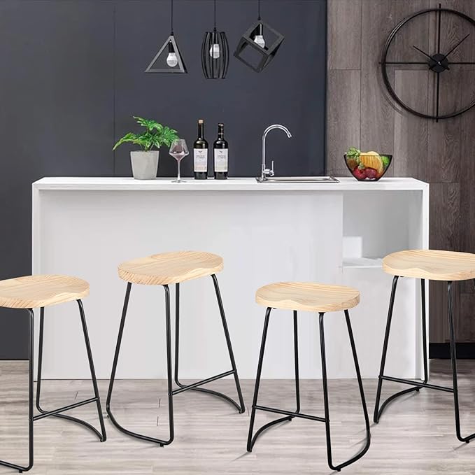 HeuGah Bar Stools Set of 4, Saddle Seat Bar Stools with Metal Legs, Rustic Backless Counter Height Stools, Industrial Counter Stools (Burlywood, 26 Inch)