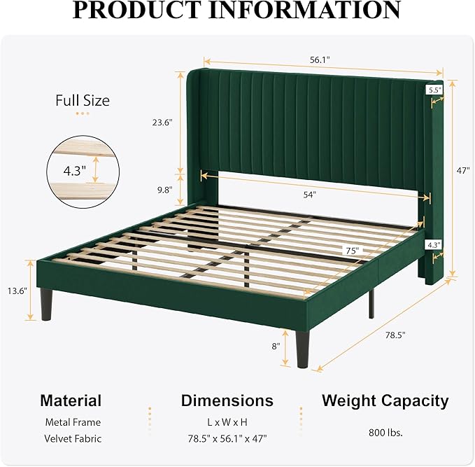 SHA CERLIN Full Size Velvet Bed Frame with Vertical Channel Tufted Wingback Headboard, Upholstered Platform Bed with Wood Slats, No Box Spring Needed, Easy Assembly, Green