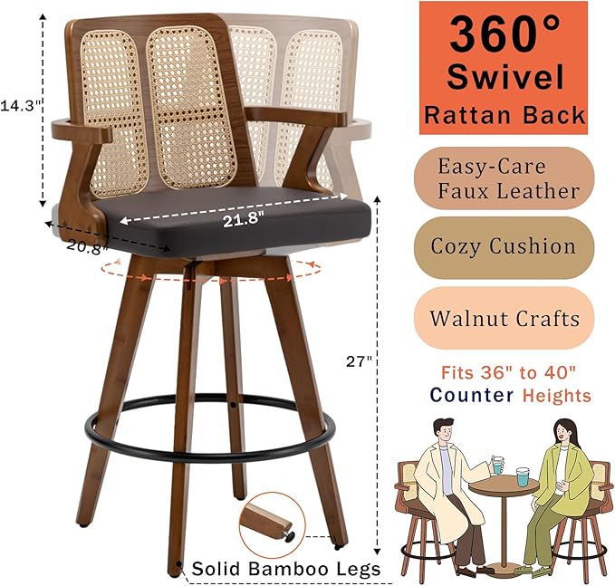 Set of 3 Swivel Counter Height Bar Stools - 27 inch Walnut Counter Stool with Cane Back, Upholstered Seat, Curved Arms, Faux Leather Counter Stools for Island/Pub/Kitchen (27" Seat Height, Brown)
