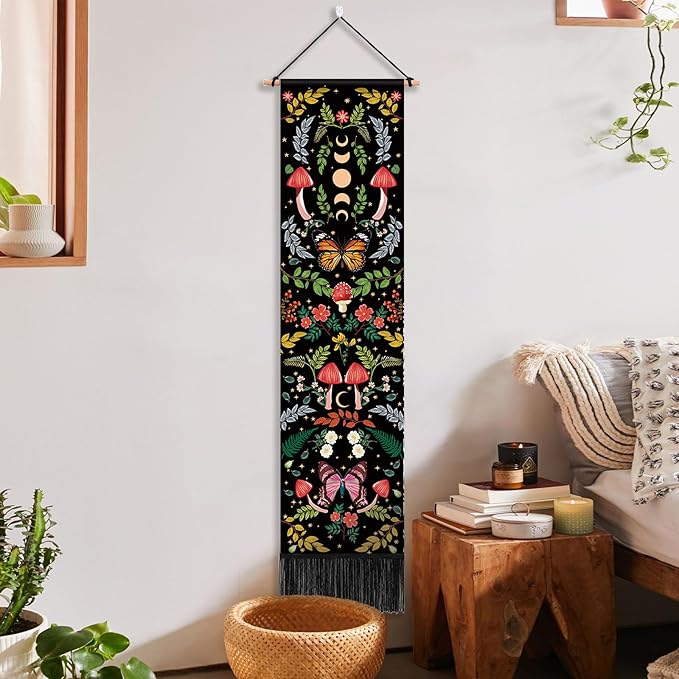 Mystical Long Tapestry Vertical Wall Hanging Cute Botanical Mushroom Moth Butterfly Bohemian Tapestry for Bedroom Aesthetic Moon Phase Plant Wall Tapestries with Tassels Black Room Decor 13x51 Inches
