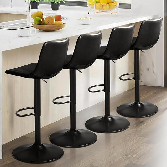 LEMBERI Bar Stools Set of 4, Modern Swivel Bar Adjustable Barstools Counter Height with Backrest, Faux Leather Upholstered Bar Chair for Kitchen Island (Black)