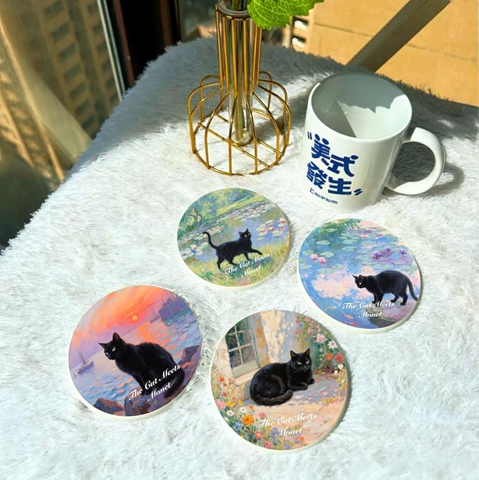 Monet Style Black Cat Ceramic Coasters Set of 6 with Holder - Transform into Wall Art - Home Decor, Kitchen Decor, Coffee Table Decor, Cat Lover Gift, Housewarming Gift