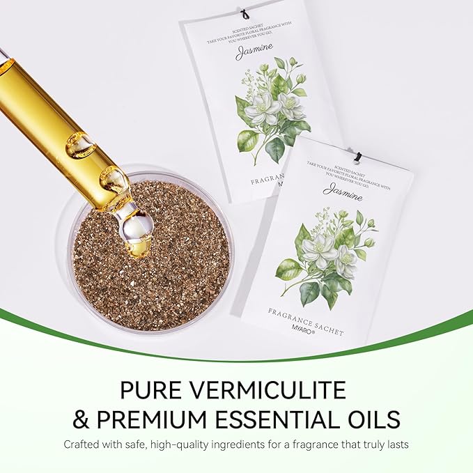 MYARO 12 Packs Jasmine Scented Sachets for Drawer and Closet, Long-Lasting Air Freshener Sachets Bags Drawer deodorizers Fresh Scents, Home Fragrance for Lover