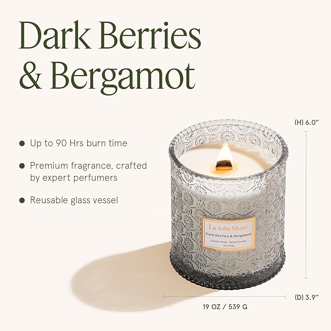 LA JOLIE MUSE Dark Berries & Bergamot Scented Candles, 19 oz Large Glass Jar Candle, Candle Gifts for Women&Men, Natural Soy Candles for Home, 90 Hours Long Burning Time
