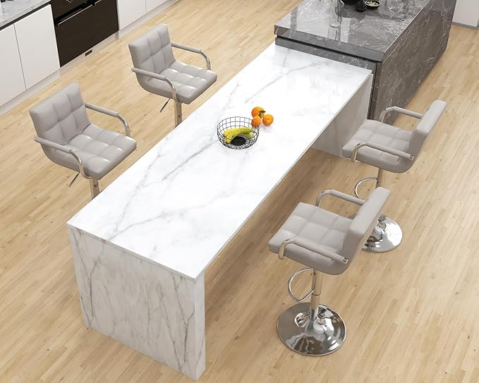 Modern PU Leather Bar Stools Set of 4, Adjustable Swivel Square Bar Chairs, Counter Height Barstools with Arms and Large Base for Island/Kitchen(Gray)