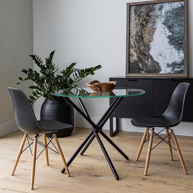 Fab Glass and Mirror Elegant Small Round Glass Top Dining Table with Stylish Base Fab Table for Kitchen or Dining Room Metal 30" Black with 1/2" Thickness