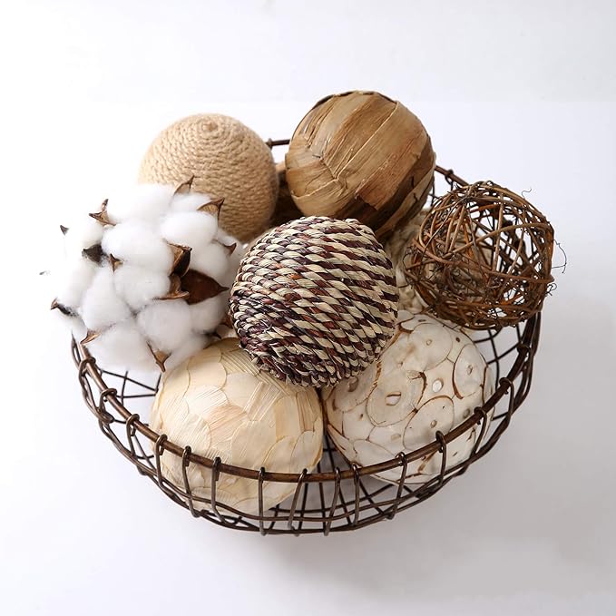 Assorted Decorative Spherical 9pcs Brown White Orbs Natural Twig Rattan Woven Cotton Balls for Vase Bowl Filler Tabletop Decor