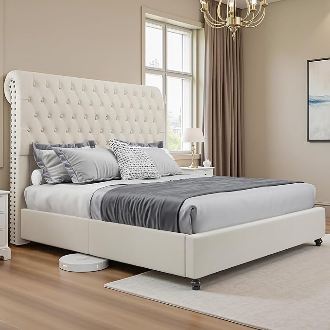 Jocisland Queen Bed Frame with Headboard, Velvet Sleigh Bed with Button Tufted 52.8" Tall Upholstered Headboard, No Box Spring Needed, Easy Assembly, Cream