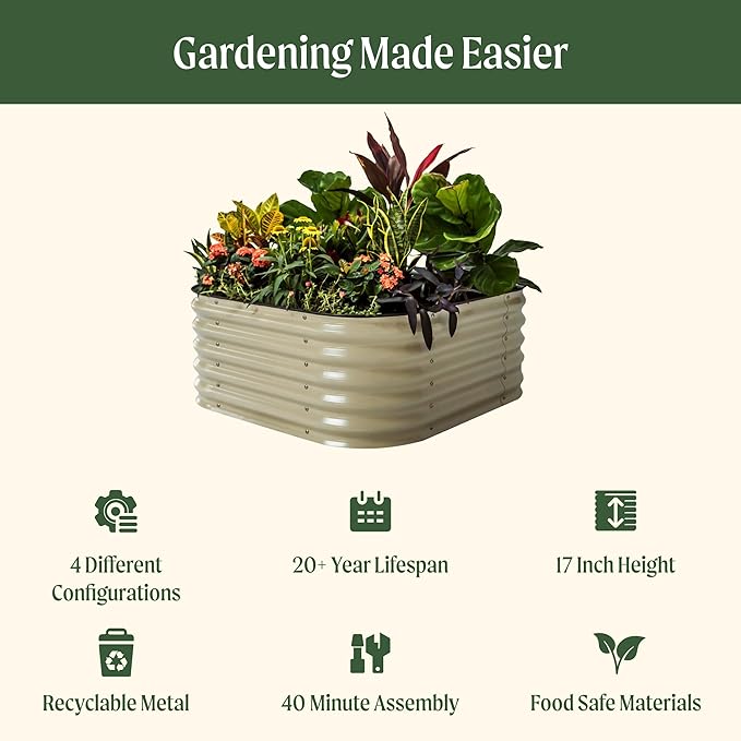 Vego garden Raised Garden Bed Kit, 17" Tall 4 in 1 Modular Metal Raised Garden Beds Kit, Metal Planter Box for Vegetables, Flowers, Herbs, Modern Gray