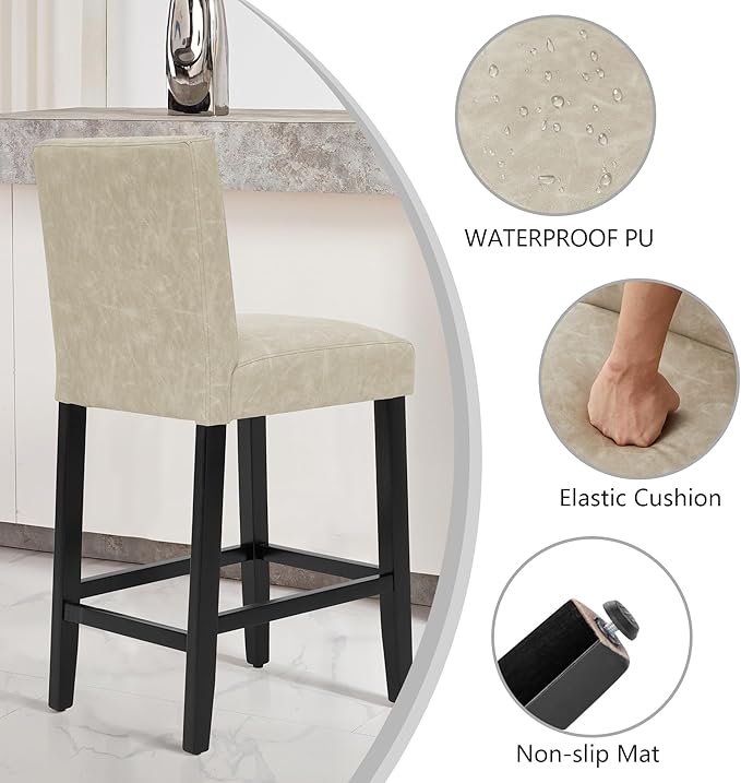 26'' Faux Leather Bar Stools Set of 3, Modern Upholstered Bar Height Bar Chairs, Soild Wood Legs Barstools with Back, Beige