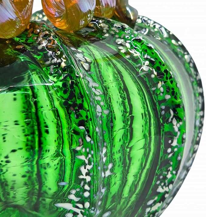 Luke Adams Glass | Handmade Glass Pumpkins | Handmade Table Top Home Decor (Squat, Green Tinsel)