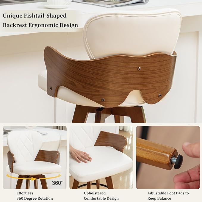 30” Swivel Bar Stools Set of 2,White Faux Leather Bar Height Stools with Armrest and Fishtail-Shaped Back,Mid Century Modern High Barstools,Walnut Bar Chair for Kitchen Island or Home Bar