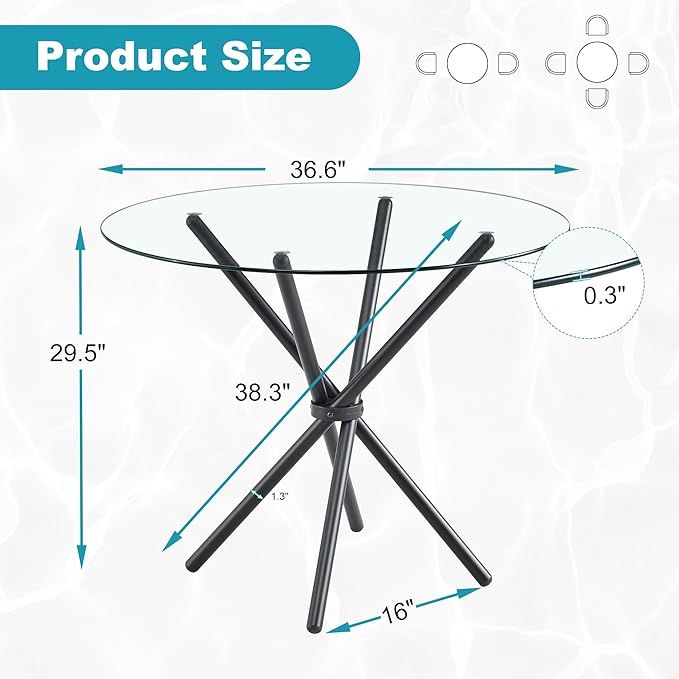 Kitchen Table for 2 Modern 36.6" Round Glass Table Small Tables with Trestle Metal Leg for Living Room and Apartment, Black