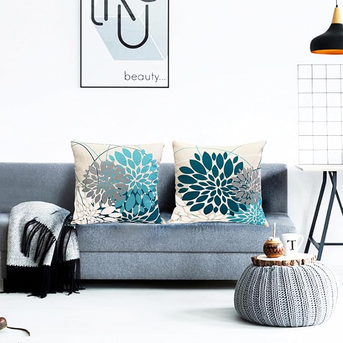Teal Blue Decorative Throw Pillow Covers 16x16 Inch Pillow Covers for Couch Living Room Bedroom Outdoor.Modern Sofa Throw Pillow Cover.Farmhouse Geometric Floral Linen Square Pillow Case.Set of 2