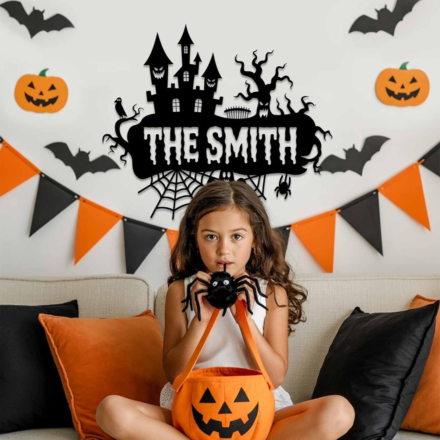 Personalized Haunted House Sign, Custom Family Name Metal Signs, Halloween Metal Wall Art with Witch Bats Pumpkins Skull Ghost Spider, Scary Halloween Decorations, Gothic Home Decor for Home