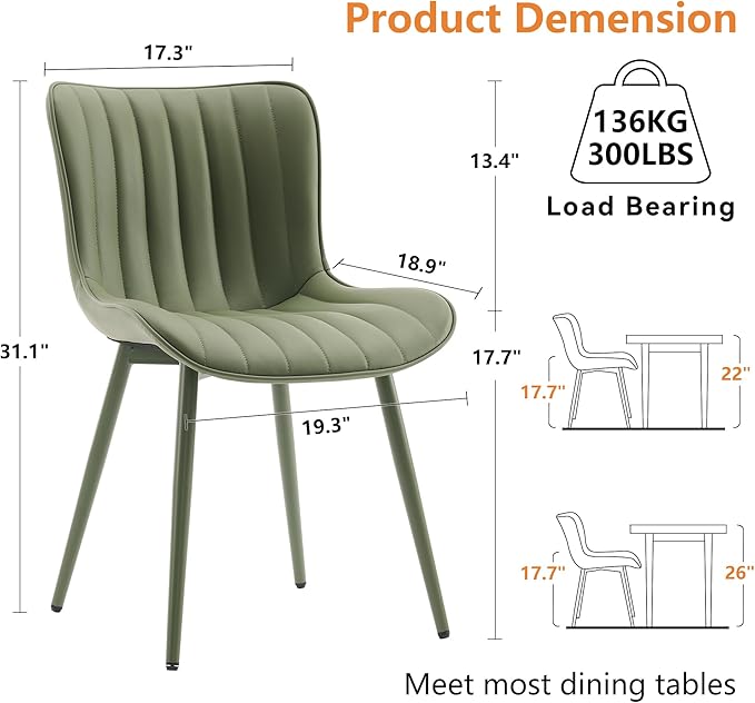 YOUNUOKE Mid-Century Modern Dining Chairs Set of 2, Green PU Leather Upholstered Kitchen Chairs with Green Metal Legs, Armless Accent Chair for Dining Room, Guest Reception Room