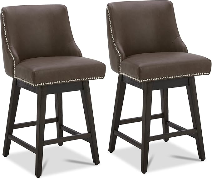 CHITA Counter Height Swivel Bar Stools Set of 2, FSC Certified Upholstered Counter Stools, Modern Swivel Barstools with Wood Legs for Kitchen Island, 26" Seat Height, Faux Leather in Chocolate