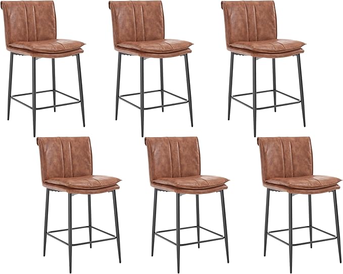 EALSON Leather Counter Height Bar Stools Set of 6 Modern 26 Inch Barstools with Back Upholstered Breakfast Counter Stools with Metal Legs Comfortable Bar Chairs for Kitchen Island, Brown