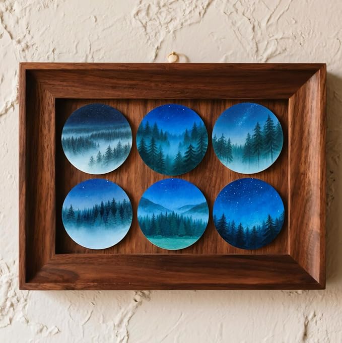 Watercolor Starry Night Forest Coasters Set of 6 with Holder - Ceramic Drink Coasters & Wall Art, Nature-Themed Home Decor for Living Room, Coffee Table - Unique Housewarming