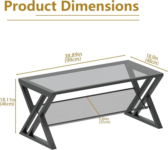 Glass Coffee Table Living Room Table with Storage Shelf, Grey Glass Table Simple Modern Rectangular Tables with Sturdy Black Metal Frame,Industrial Glass Coffee Table for Bedroom Home Office