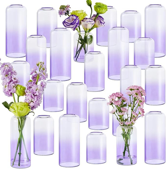 24Pcs Glass Bud Vases Set, Small Flower Vase for Centerpieces, Small Vases for Flowers, Decor Centerpiece for Bathroom, Decorative Vases for House Warming (Purple)