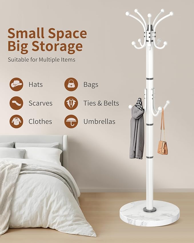 Metal Coat Rack Stand with Natural Marble Base, Modern Coat Rack Freestanding, 360°Rotary Coat Racks with 14 Hooks, White Coat Stand Hall Tree Hanger Stand for Entryway, Office，Corner