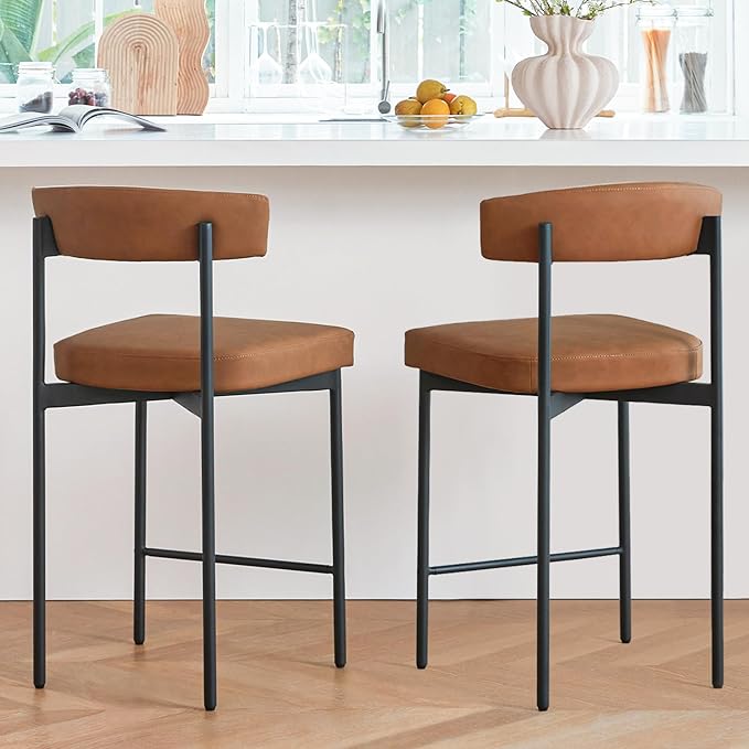 Brown Modern Bar Stools Set of 2, 24 Inch Faux Leather Counter Stools with Curved Backrest, Counter Height Bar Stool for Kitchen Island