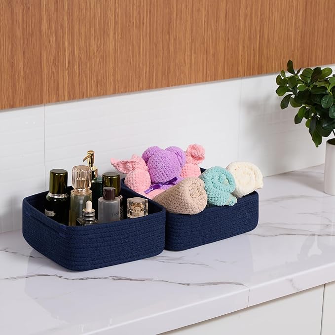 Small Square Shallow Baskets for Organizing, 9.7x9.7x4.3 Inch Rope Woven Storage Bins for Cubes Closet, Shelves Storage, Boho Decorative Basket, 2 Packs Navy Blue