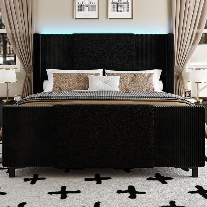 Queen Size Bed Frame with Tall Headboard and Footboard, Boucle and Corduroy Upholstered Bed Frame Queen with LED Lights, Modern Platform Bed Frames, Noiseless, Easy Assembly, Black