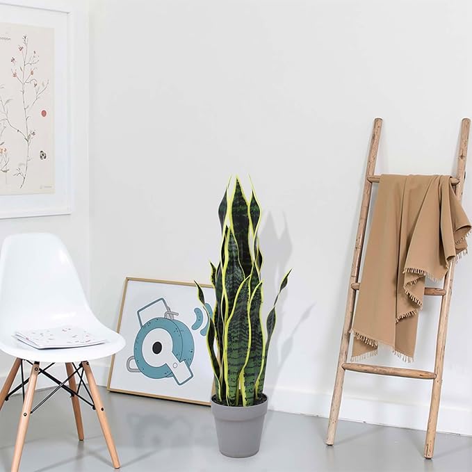 Artificial Snake Plant 25Inch Fake Sansevieria Faux Silk Potted Plant Artificial Mother in Law Tongue Plant for Indoor Outdoor Home Office Garden Decor Yellow