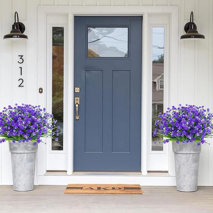 Ouddy Decor 24 Bundles Artificial Flowers for Outdoors UV Resistant Fake Plastic Plants Faux Boston Fern Greenery Stems for Spring Summer Indoor Garden Patio Window Box Kitchen Home Decor, Purple