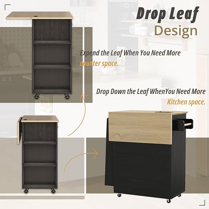 IRONCK Kitchen Island Cart with Storage, Rolling Kitchen Table with Power Outlet, Storage Cabinets on Wheels with Drop Leaf, Portable for Dining Room, Black