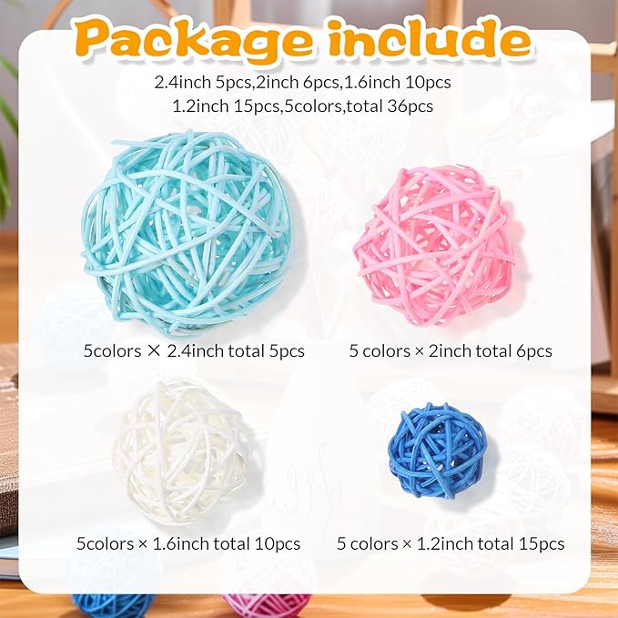 Patelai 36 Pcs Wicker Rattan Balls Decorative Balls for Vase Centerpiece Bowls Orbs Filler for Home Decor,4 Sizes(White, Pink, Green, Grey, Blue)