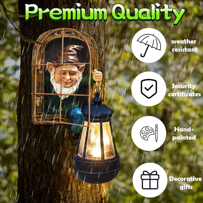 Gnomes Statue with Solar Lights Christmas Decorations Whimsical Fairy Garden-Elf Outdoor Tree Hugger Garden Statues- Tree Face Sculpture, Yard Art for Patio,Fence,Lawn,Wall Gnomes Ornament