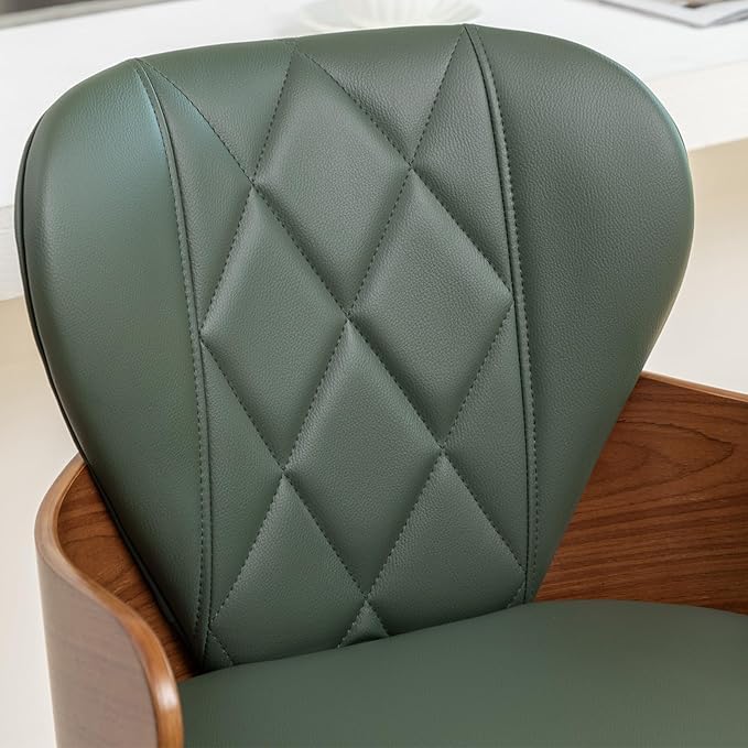 26.7” Swivel Bar Stools Set of 3,Green Faux Leather Counter Height Stools with Armrest and Fishtail-Shaped Back,Mid Century Modern Barstools,Walnut Bar Chair for Kitchen Island or Home Bar