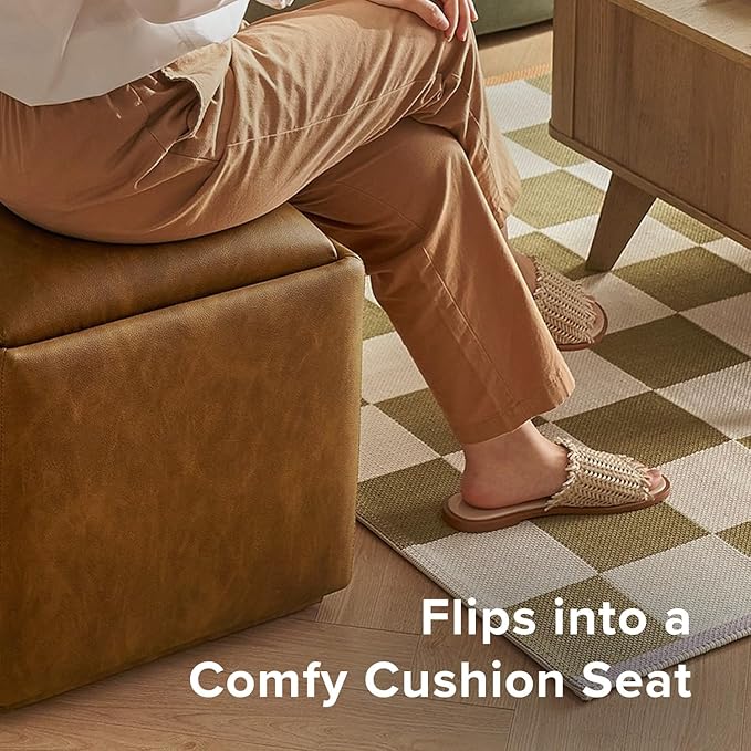 mopio Levi Storage Bench with Reversible Tray, Modern Storage Coffee Table, Bedroom Bench, Rectangular Cube Upholstered Coffee Table Ottoman for Living Room, Bedroom (Faux Leather, Pecan Brown)